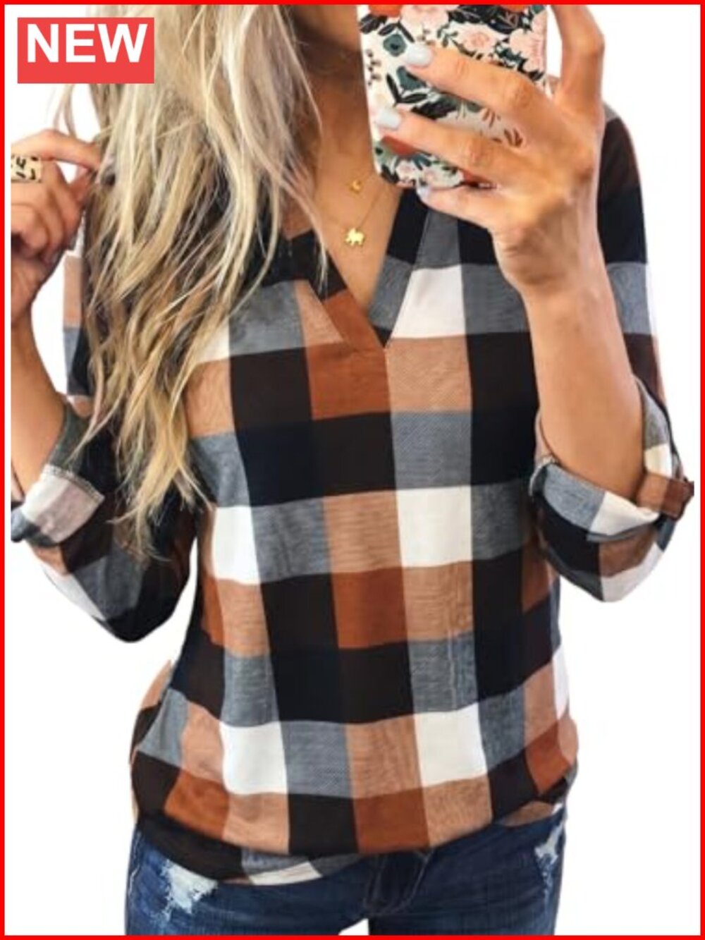 Plaid V-Neck High-Low Tunic Blouse 3/4 Sleeve Cuffed Cotton Shirt